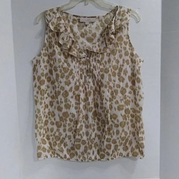 *EUC* Ann Taylor LOFT Cotton Sheer Tan & White Leopard Print Sleeveless Blouse - Picture 1 of 7